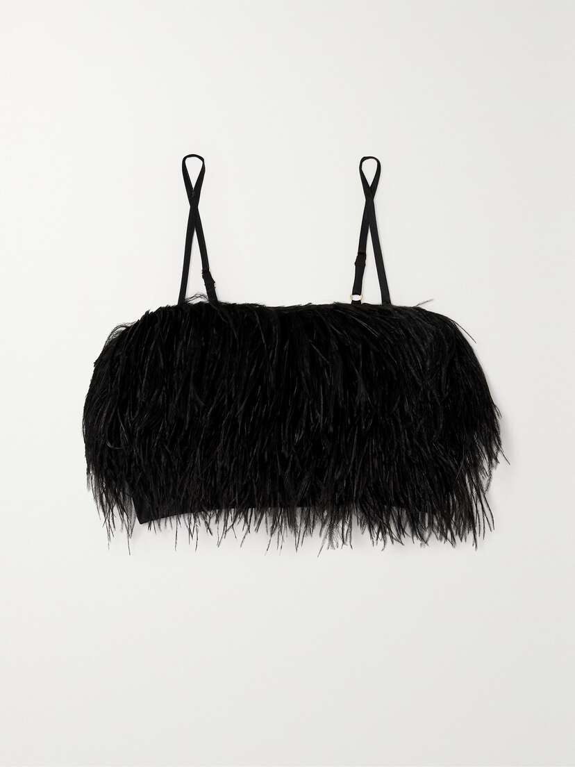 Sleeper + Net Sustain Boheme Cropped Feather-trimmed Lenzing™ Ecovero™ Satin Top