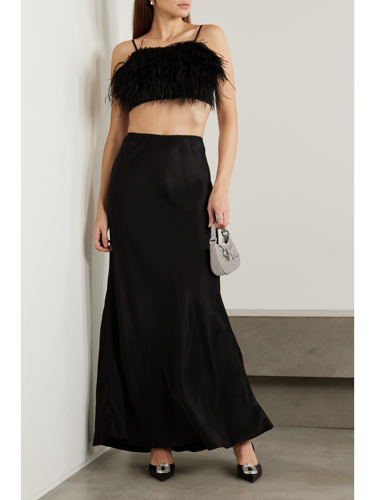 Sleeper + Net Sustain Boheme Cropped Feather-trimmed Lenzing™ Ecovero™ Satin Top In Black