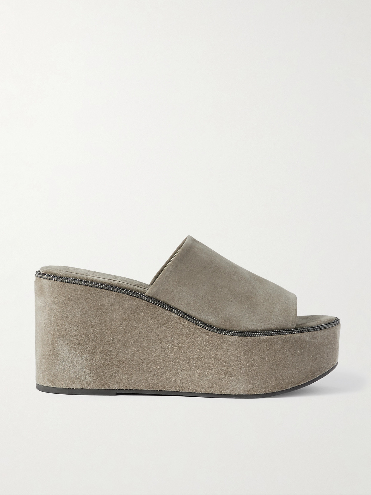 Shop Brunello Cucinelli Bead-embellished Suede Wedge Mules In Gray