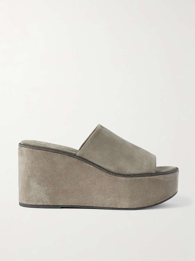 Brunello Cucinelli Bead-embellished Suede Wedge Mules