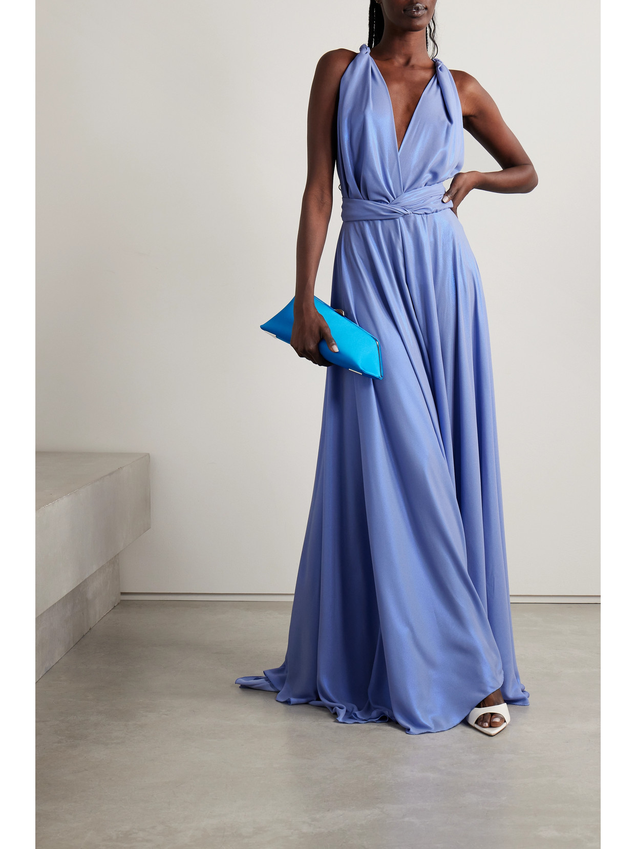 Shop Nervi Wanda Belted Crepe De Chine Gown In Blue