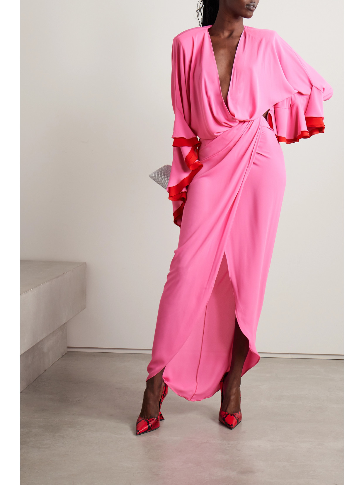 Shop Nervi Naomi Draped Ruffled Cutout Crepe Maxi Dress In Pink