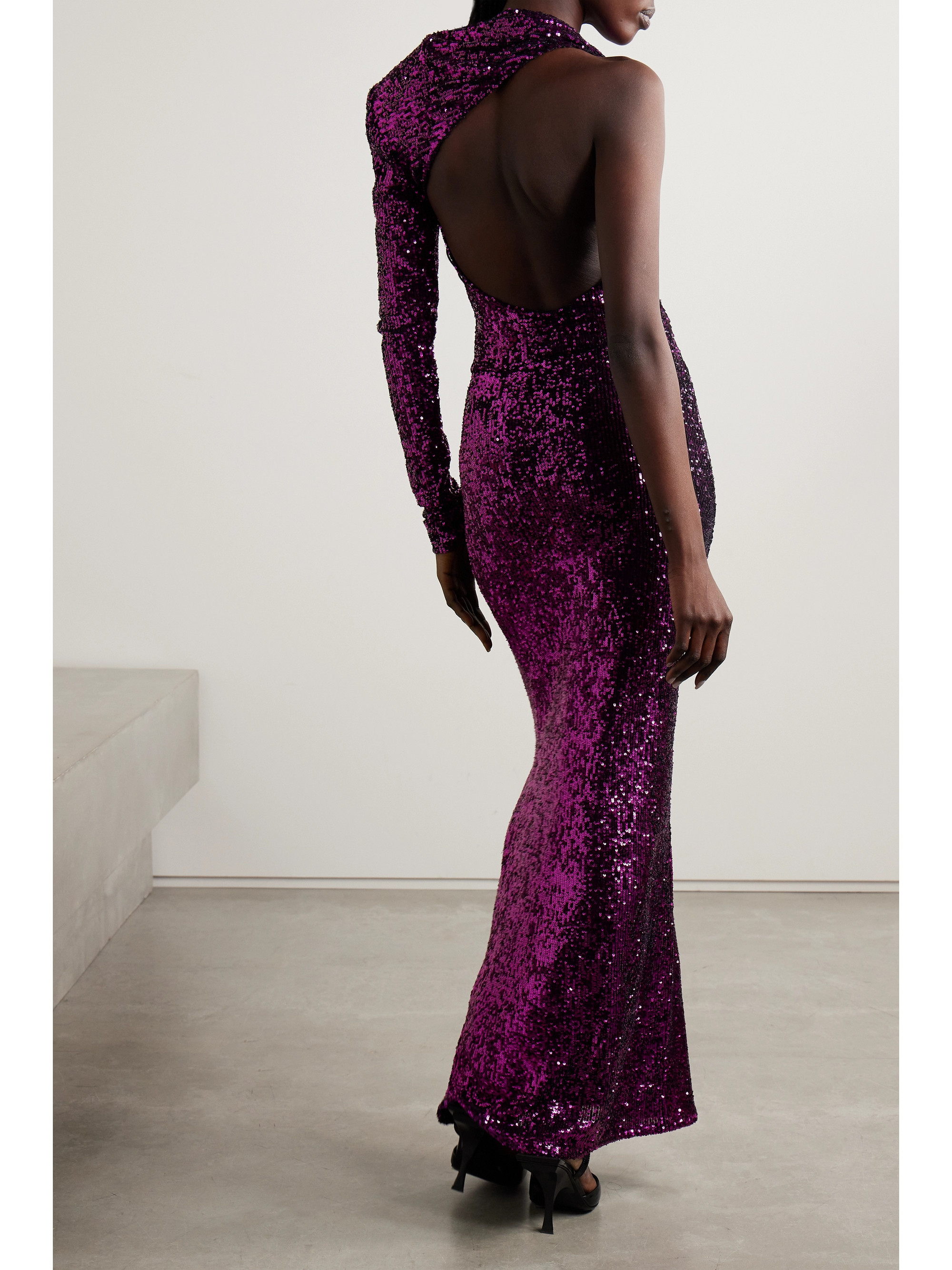 Nervi Susi one-sleeve cutout sequined tulle gown