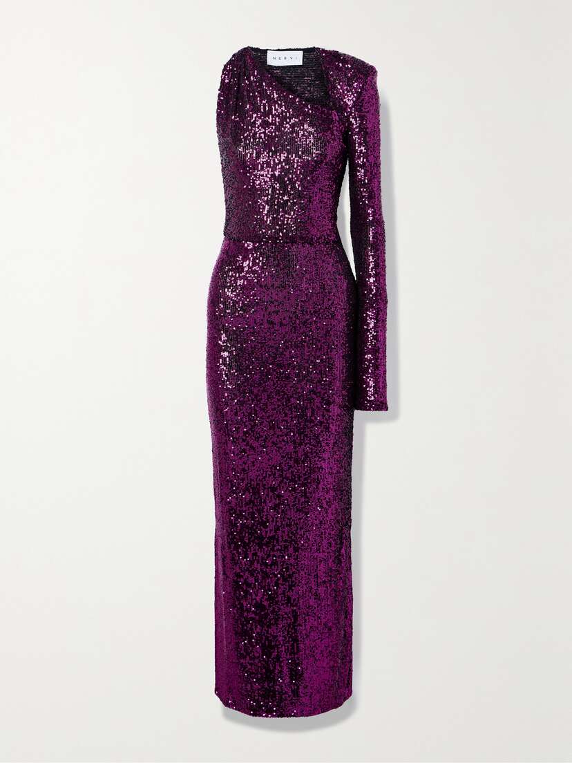 NERVI Susi One-sleeve Cutout Sequined Tulle Gown