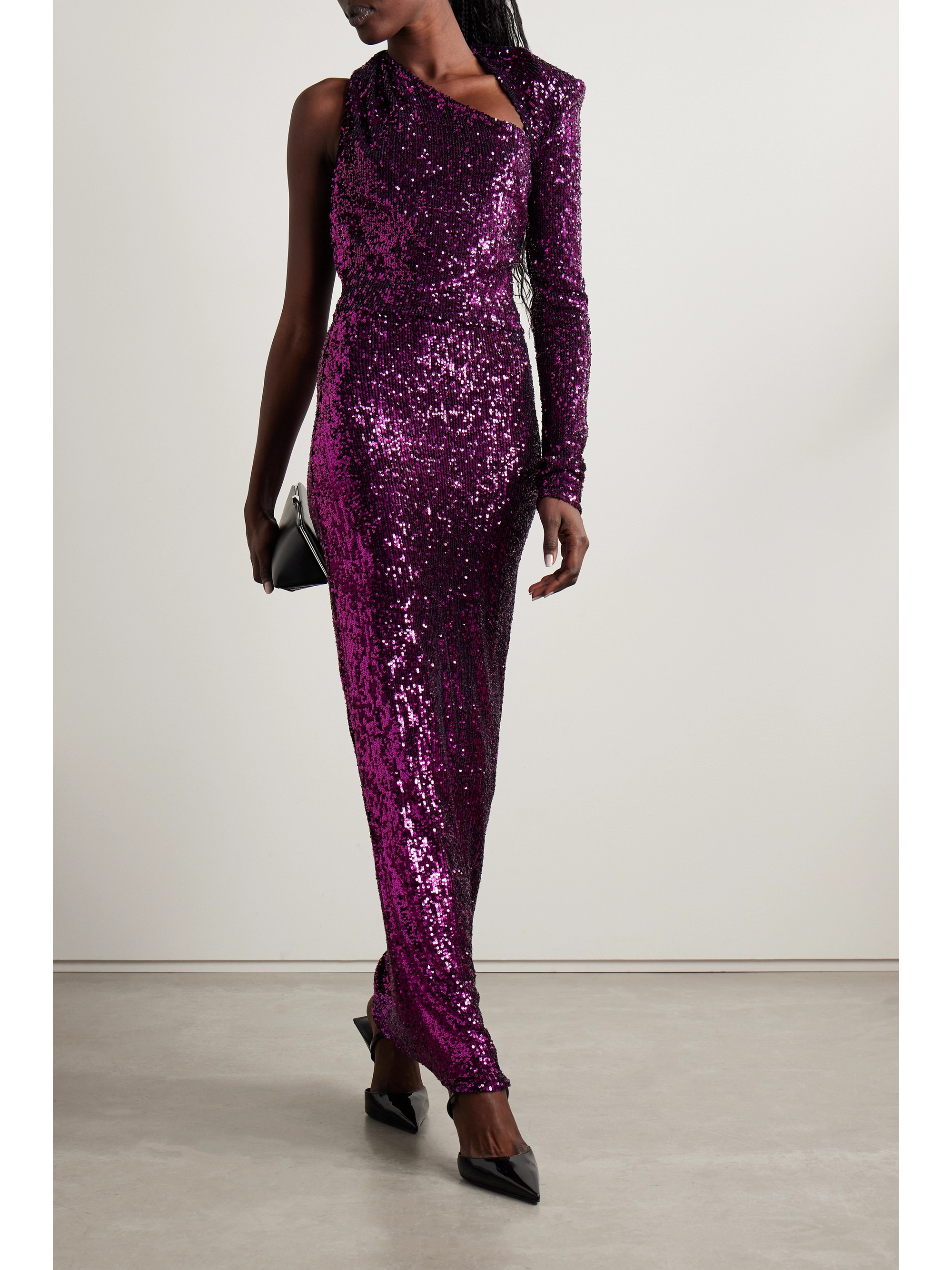 Nervi Susi one-sleeve cutout sequined tulle gown