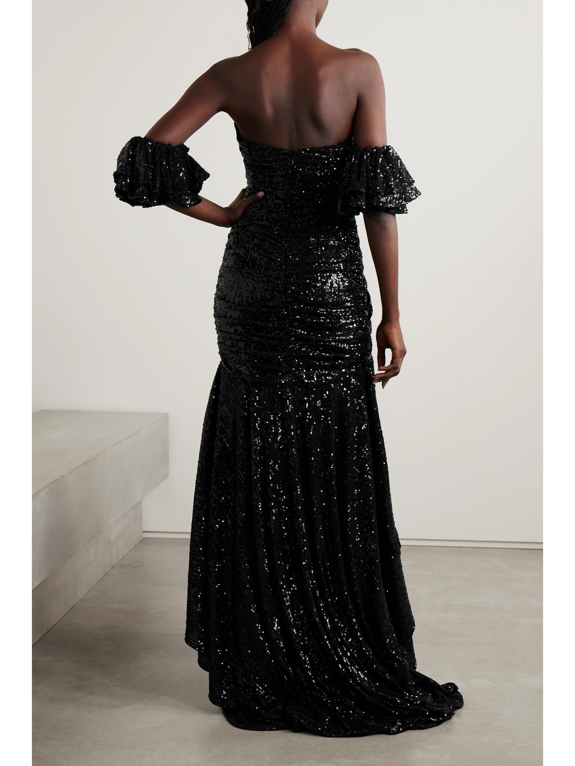 Nervi Crown off-the-shoulder asymmetric ruched sequined tulle gown
