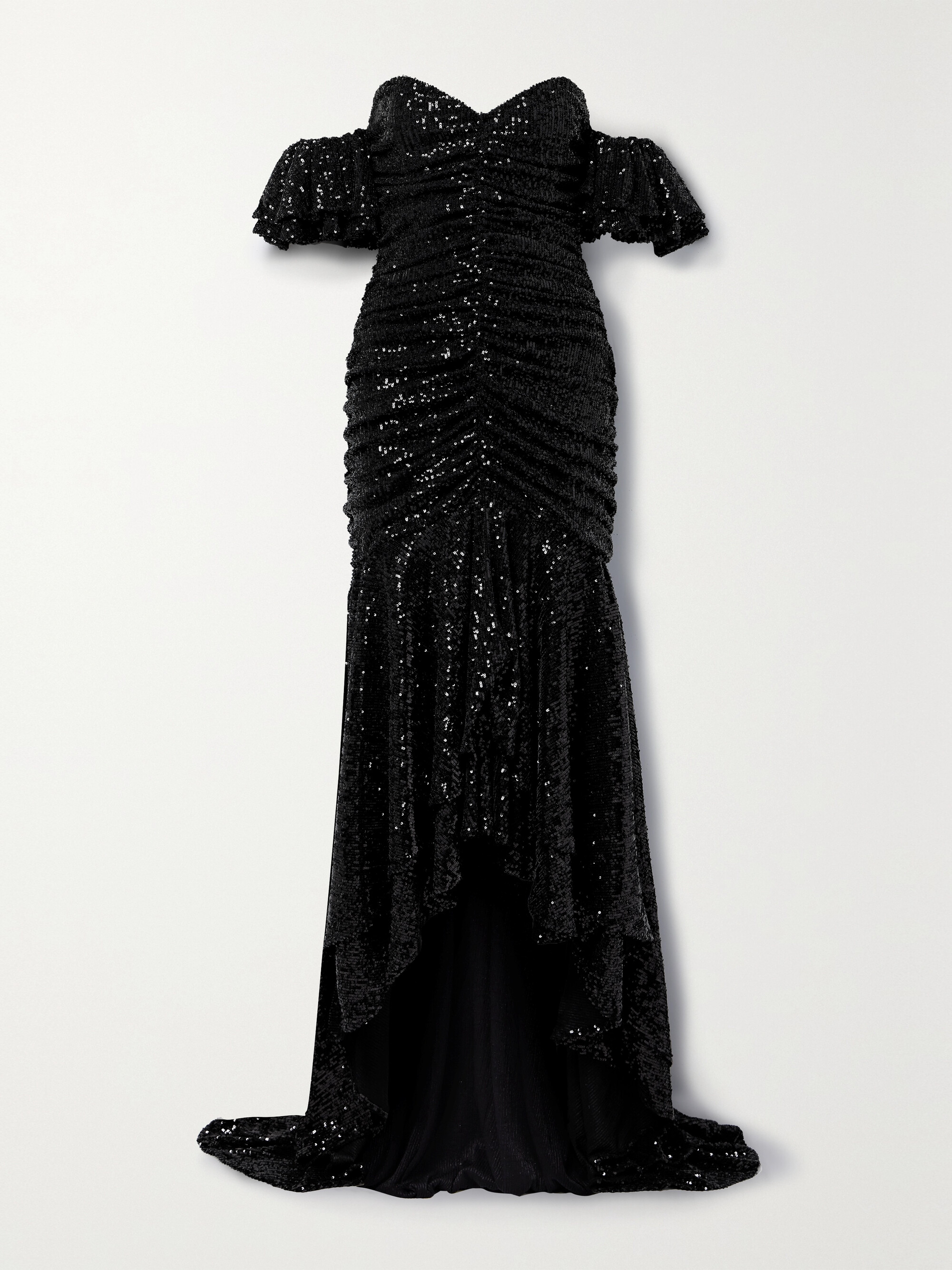 Nervi Crown off-the-shoulder asymmetric ruched sequined tulle gown