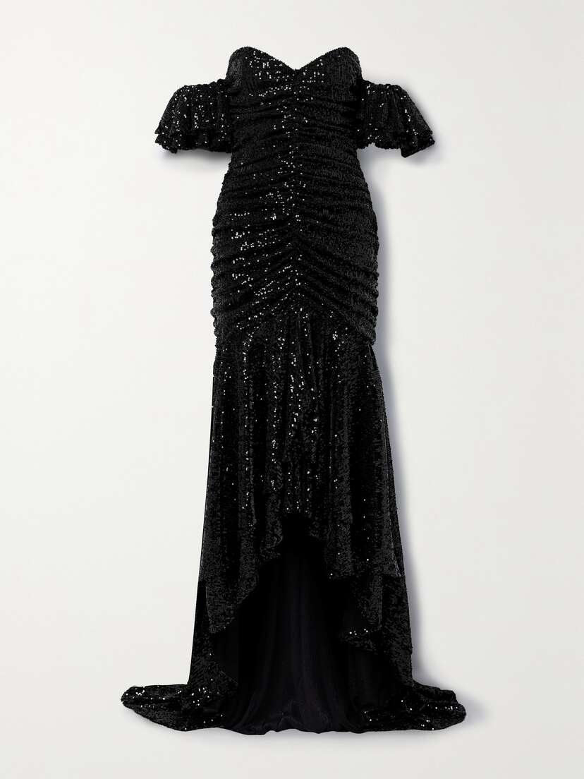 NERVI Crown Off-the-shoulder Asymmetric Ruched Sequined Tulle Gown