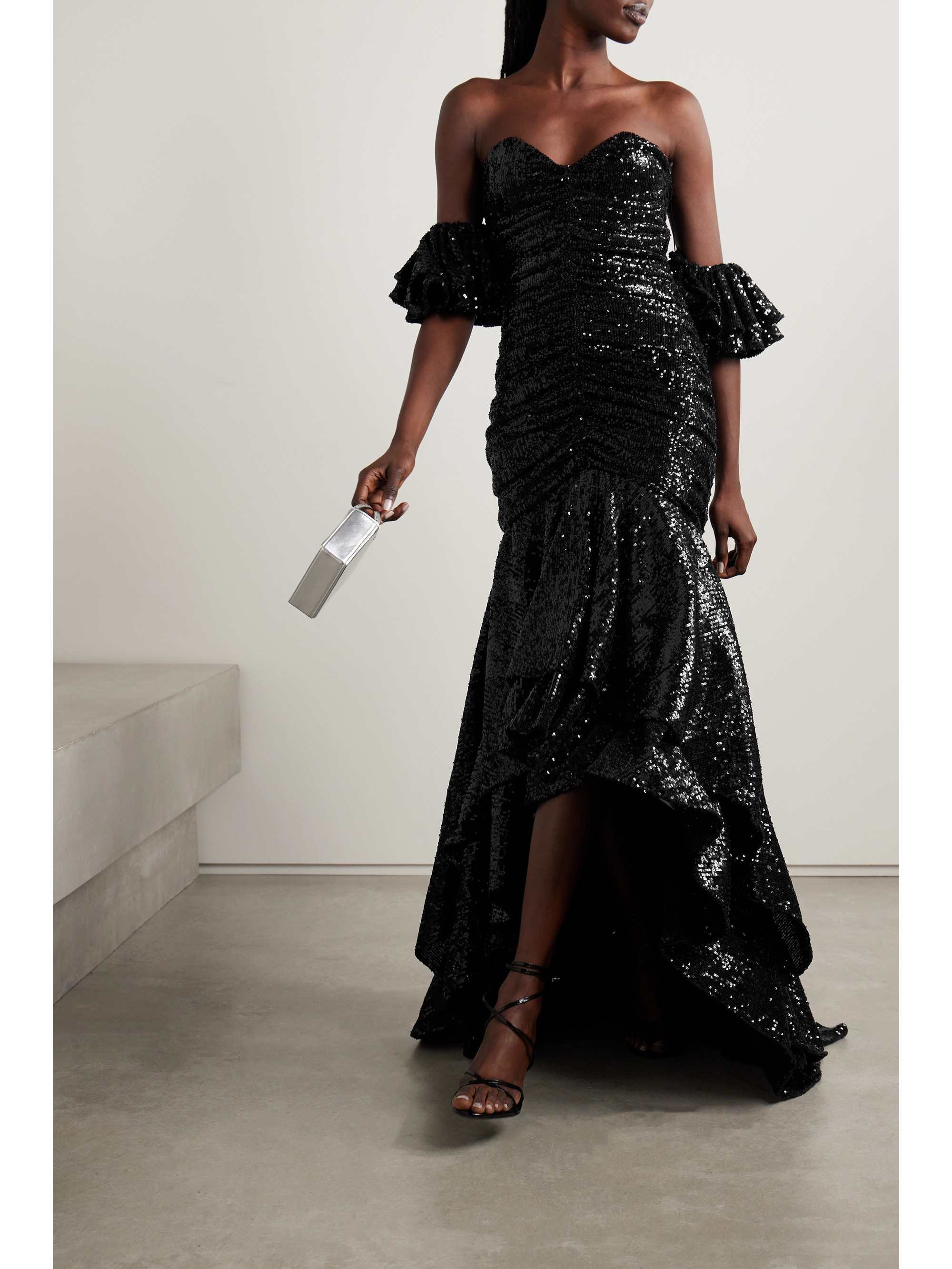 Nervi Crown off-the-shoulder asymmetric ruched sequined tulle gown