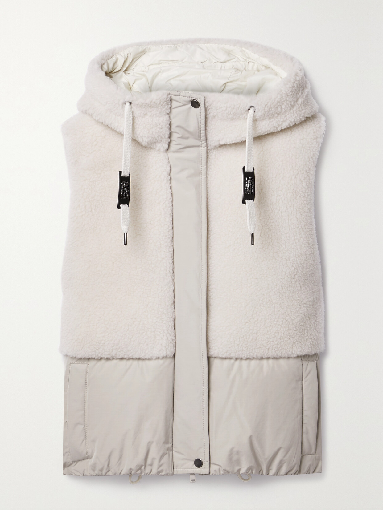 Brunello Cucinelli Hooded Shell-trimmed Wool-blend Fleece Down Ski Waistcoat In Off-white