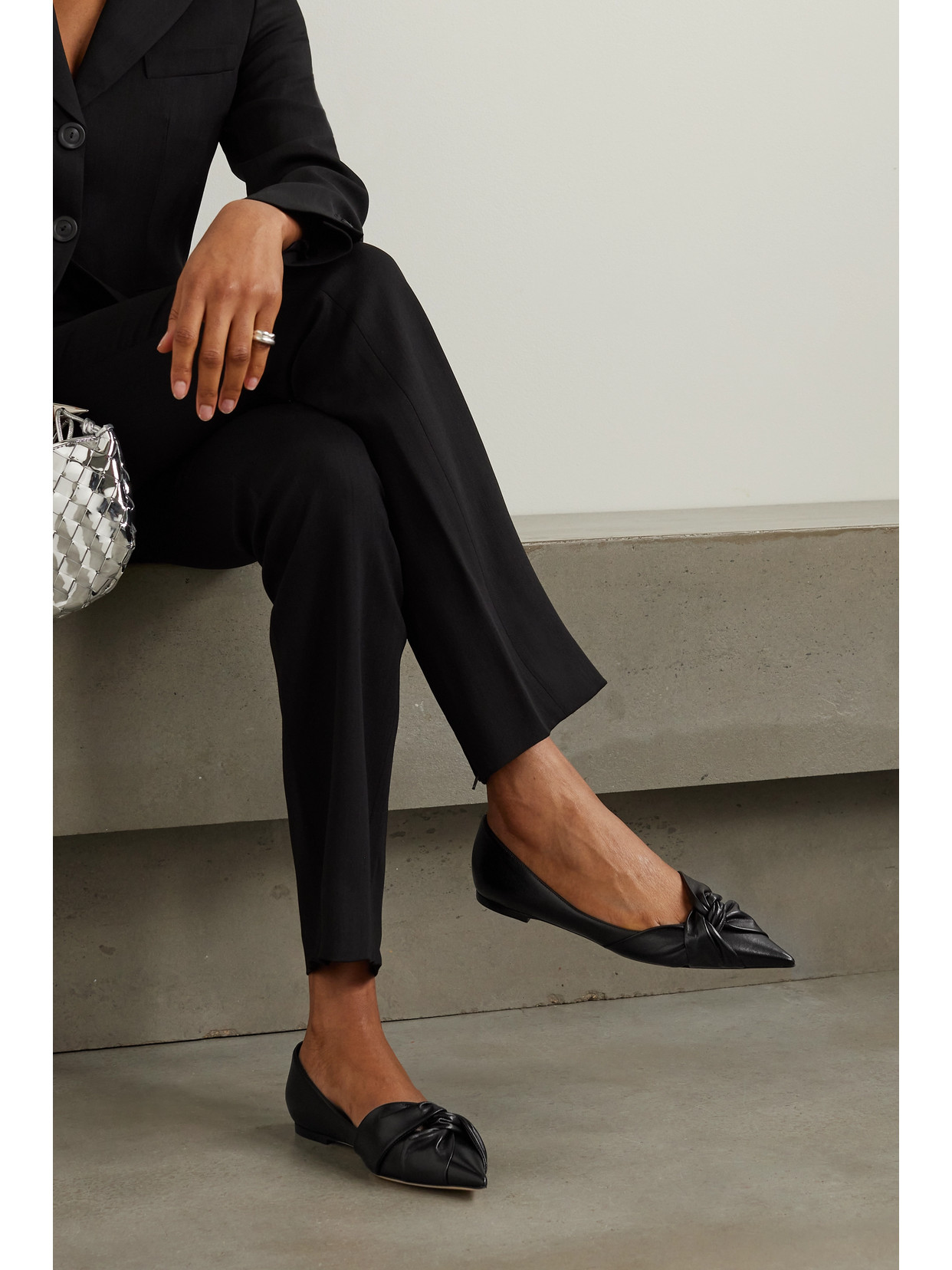 Jimmy Choo Hedera Knotted Leather Point-toe Flats In Black
