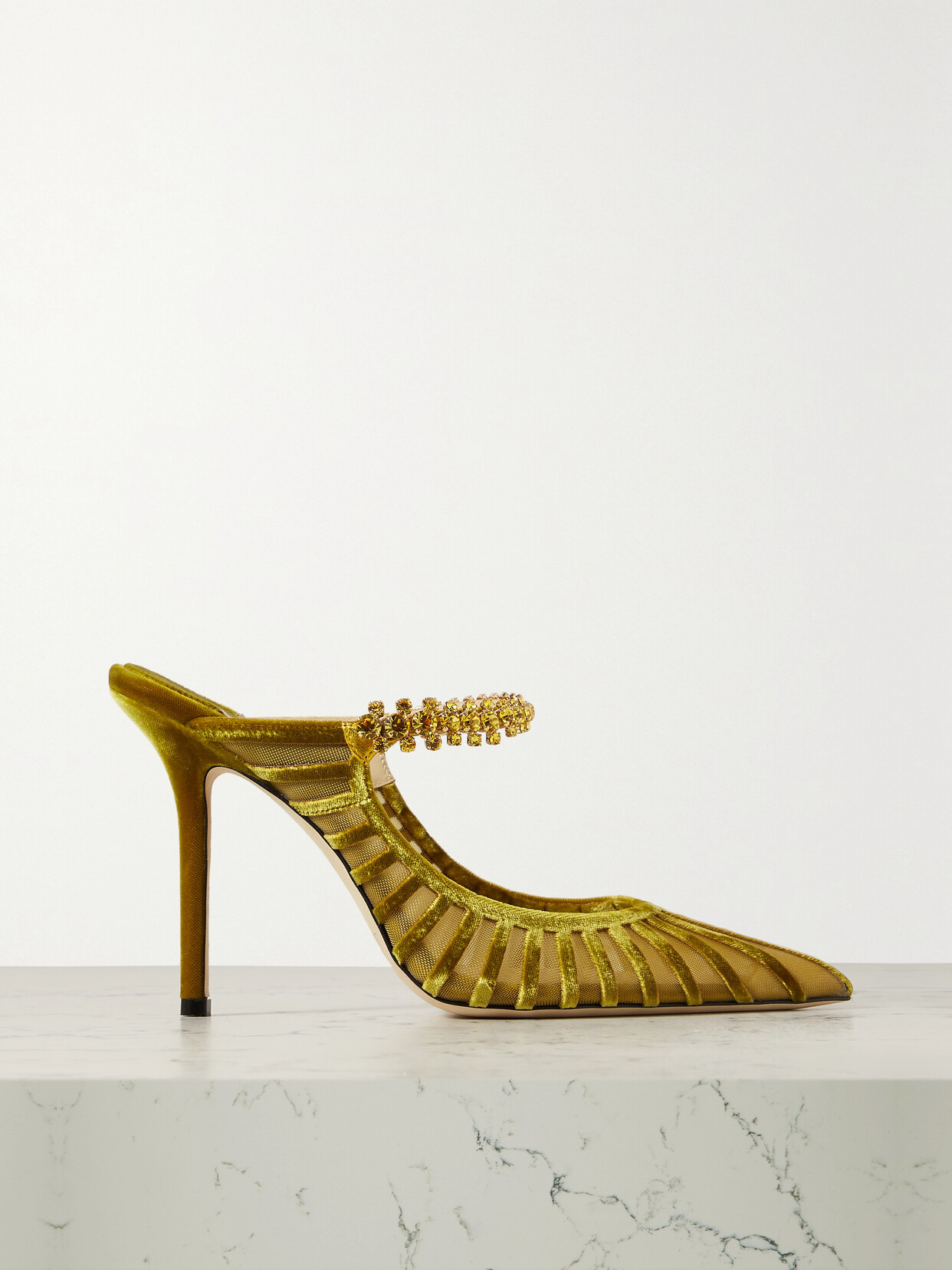 Jimmy Choo - Bing 100 Crystal-embellished Flocked Mesh Pumps - Yellow