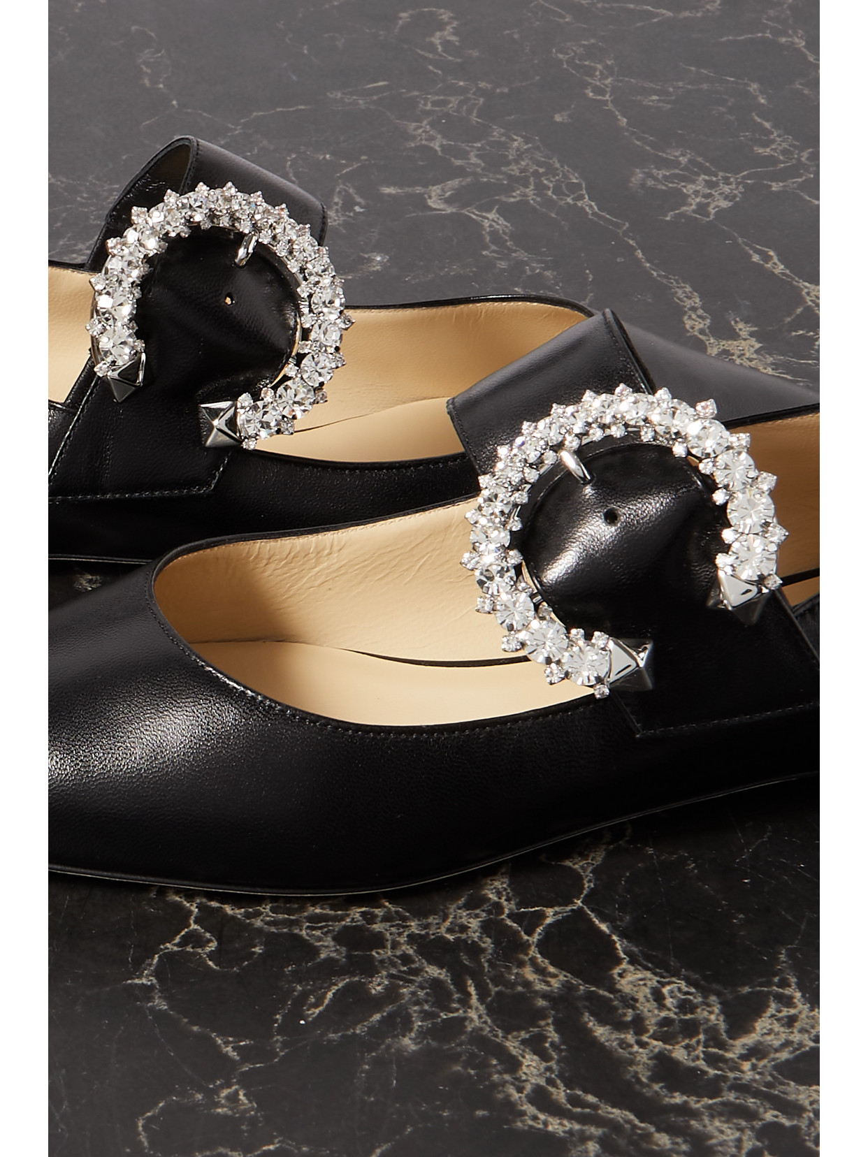 Jimmy Choo Melva Crystal-embellished Point-toe Ballet Flats In Black Leather In Black