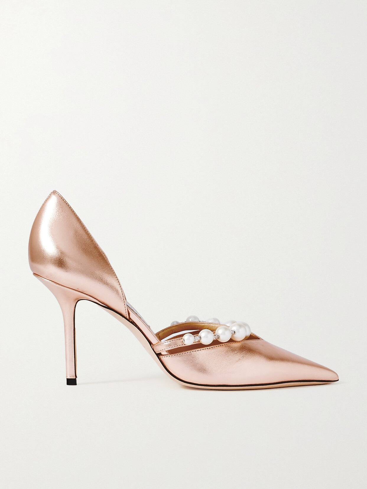 Jimmy Choo Aurelie 85 Faux Pearl-embellished Metallic Leather Pumps In Pink