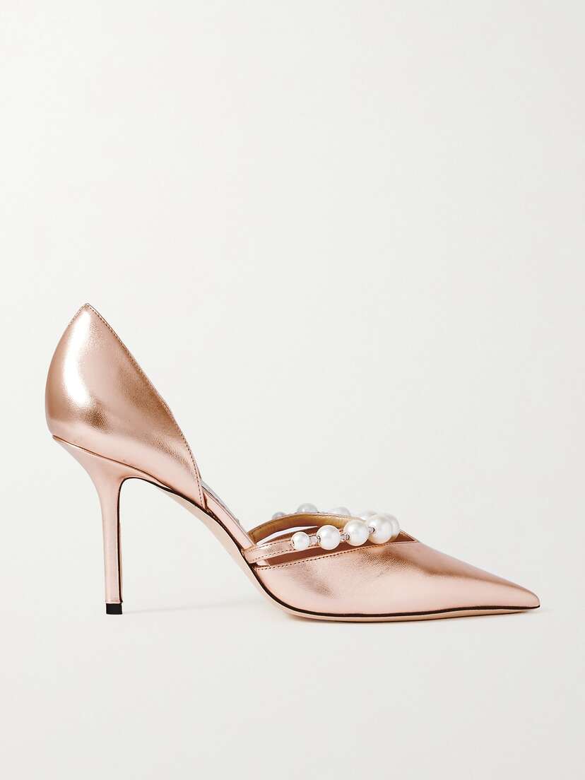 Jimmy Choo Aurelie 85 Faux Pearl-embellished Metallic Leather Pumps