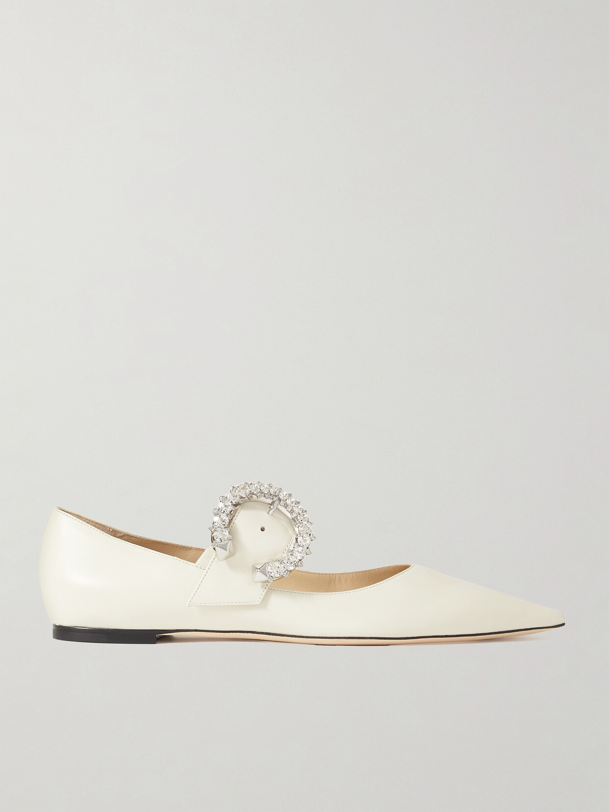 Shop Jimmy Choo Melva Crystal-embellished Leather Point-toe Flats In White