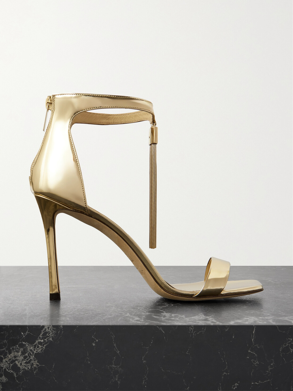 Jimmy Choo - Vinca 95 Fringed Mirrored-leather Sandals - Gold