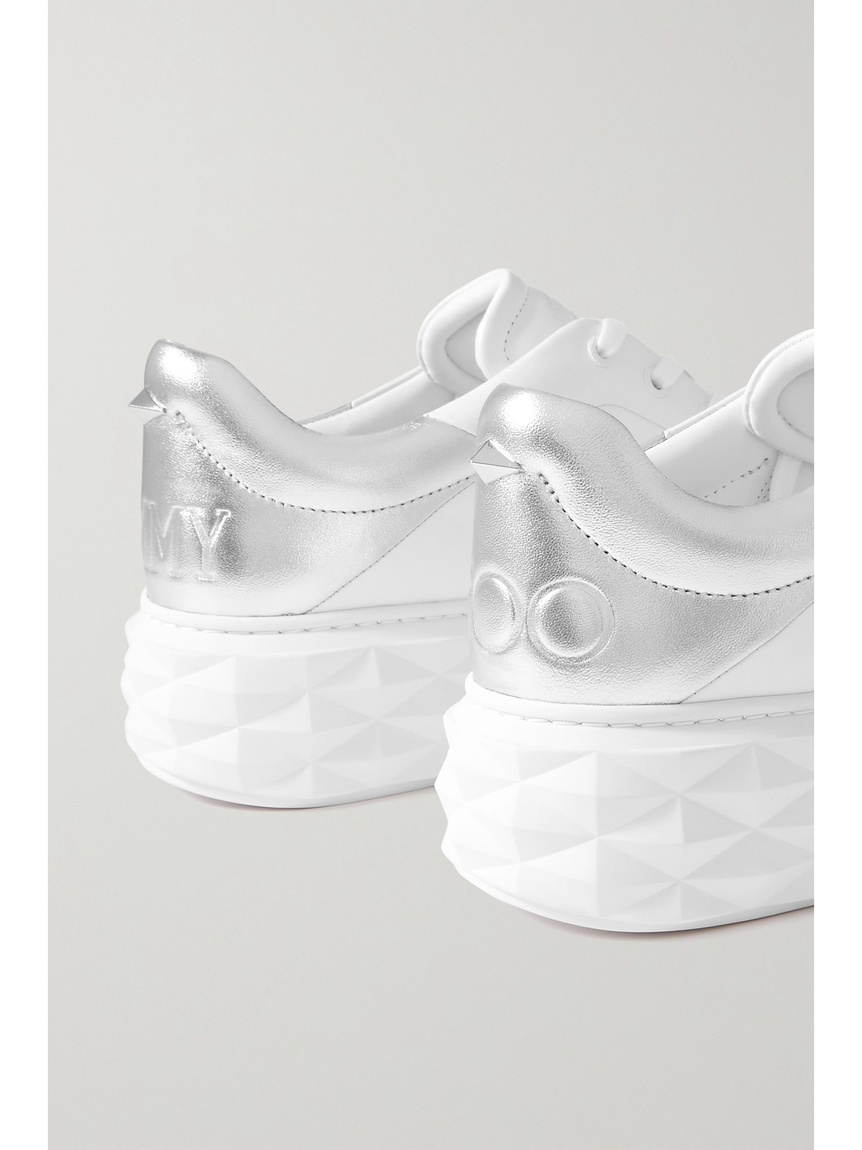 Shop Jimmy Choo Diamond Maxi Logo-debossed Metallic Leather Platform Sneakers In White