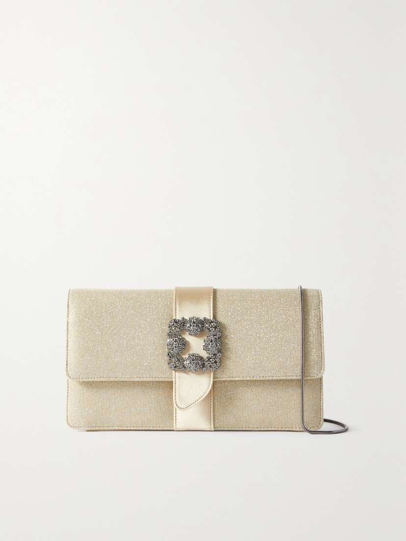 Manolo Blahnik Capri Crystal-embellished Satin-trimmed Lurex Clutch