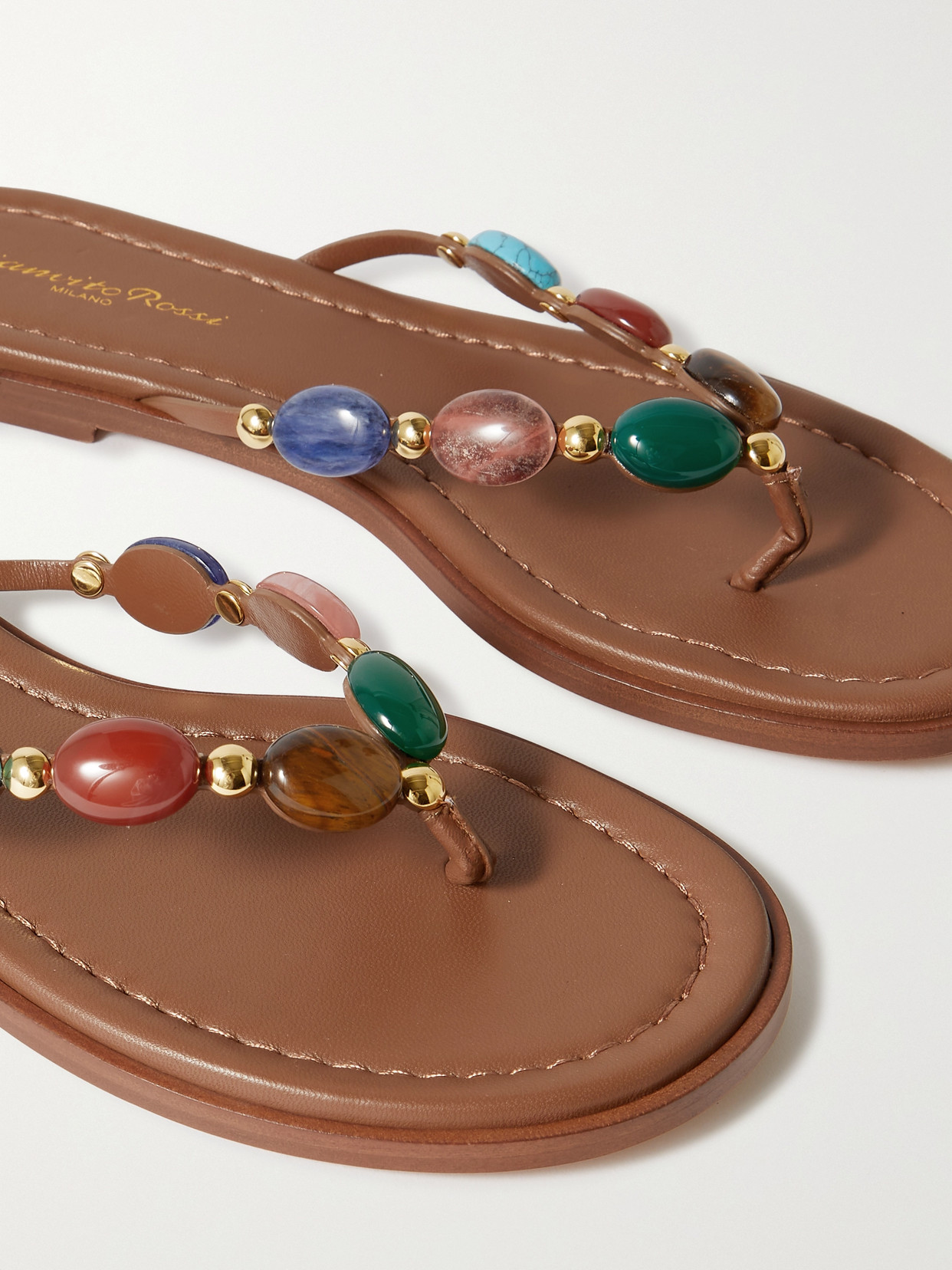 Shop Gianvito Rossi Embellished Leather Flip Flops In Brown