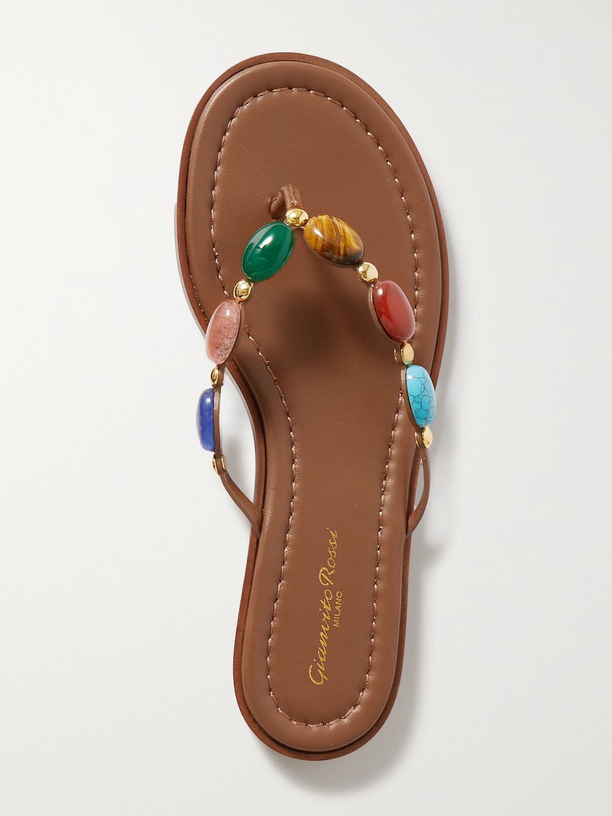 Shop Gianvito Rossi Embellished Leather Flip Flops In Brown