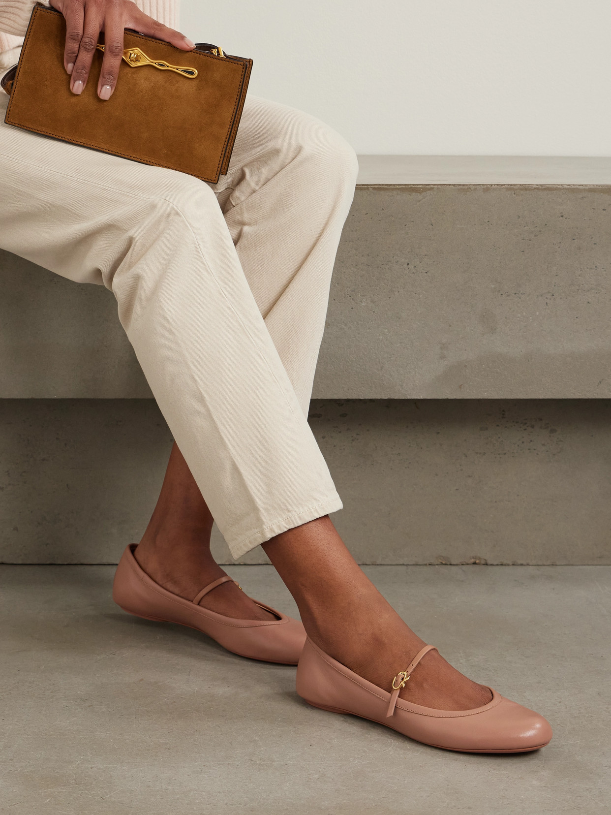 Shop Gianvito Rossi Carla Leather Mary Jane Ballet Flats In Neutrals