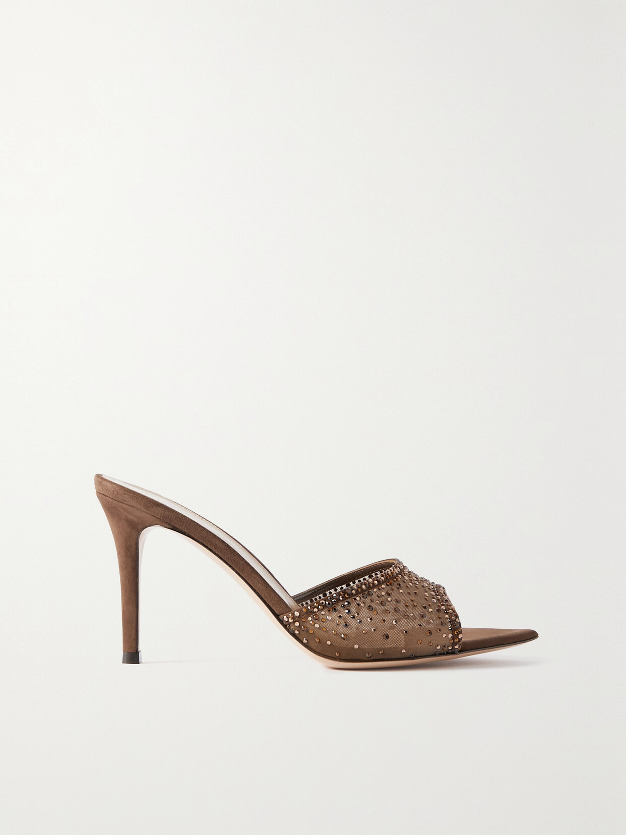 Shop Gianvito Rossi Rania 85 Crystal-embellished Suede-trimmed Organza Mules In Brown