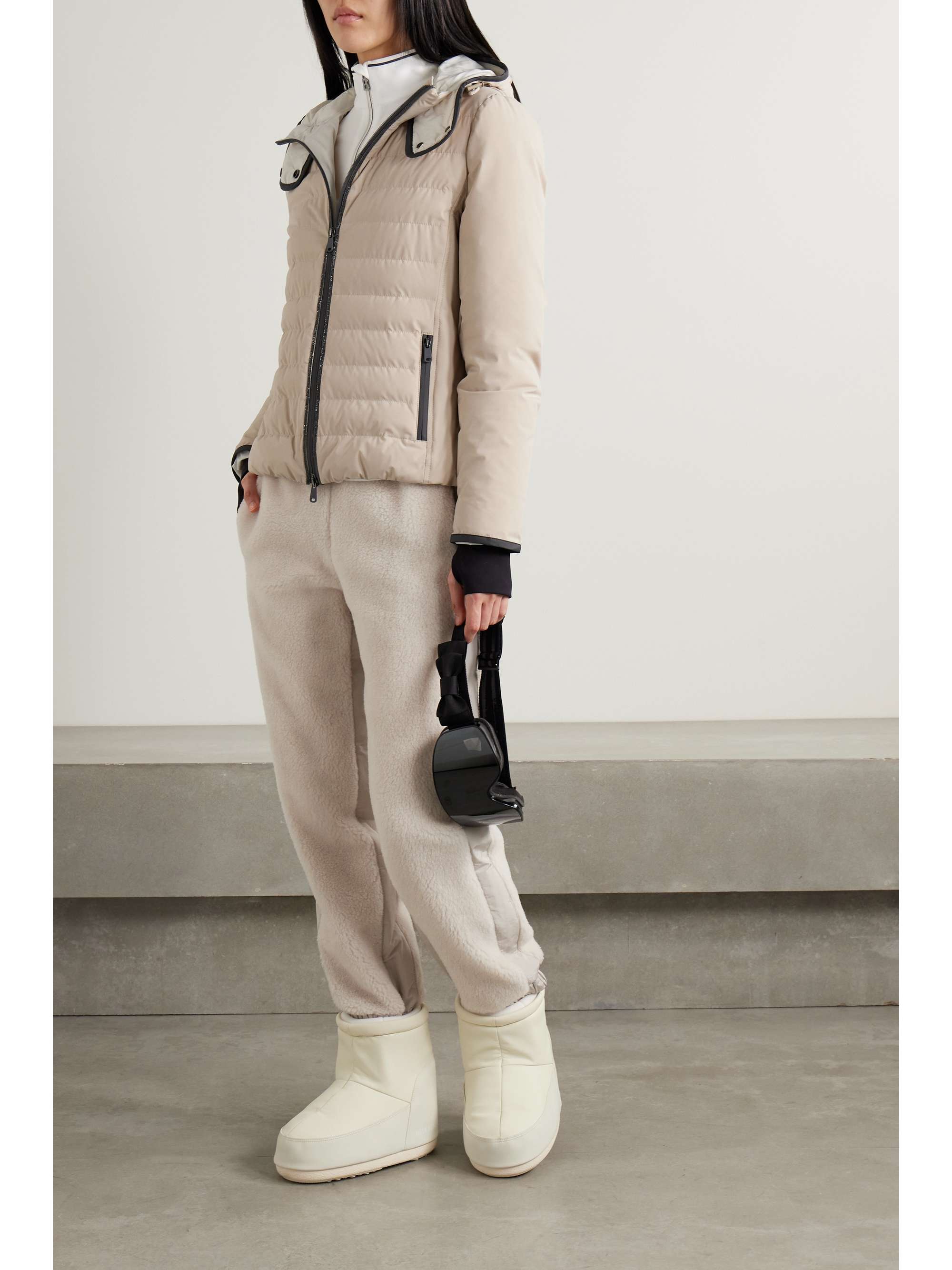 Beige Hooded bead-embellished quilted down ski jacket Beige Hooded bead-embellished quilted down ski jacket