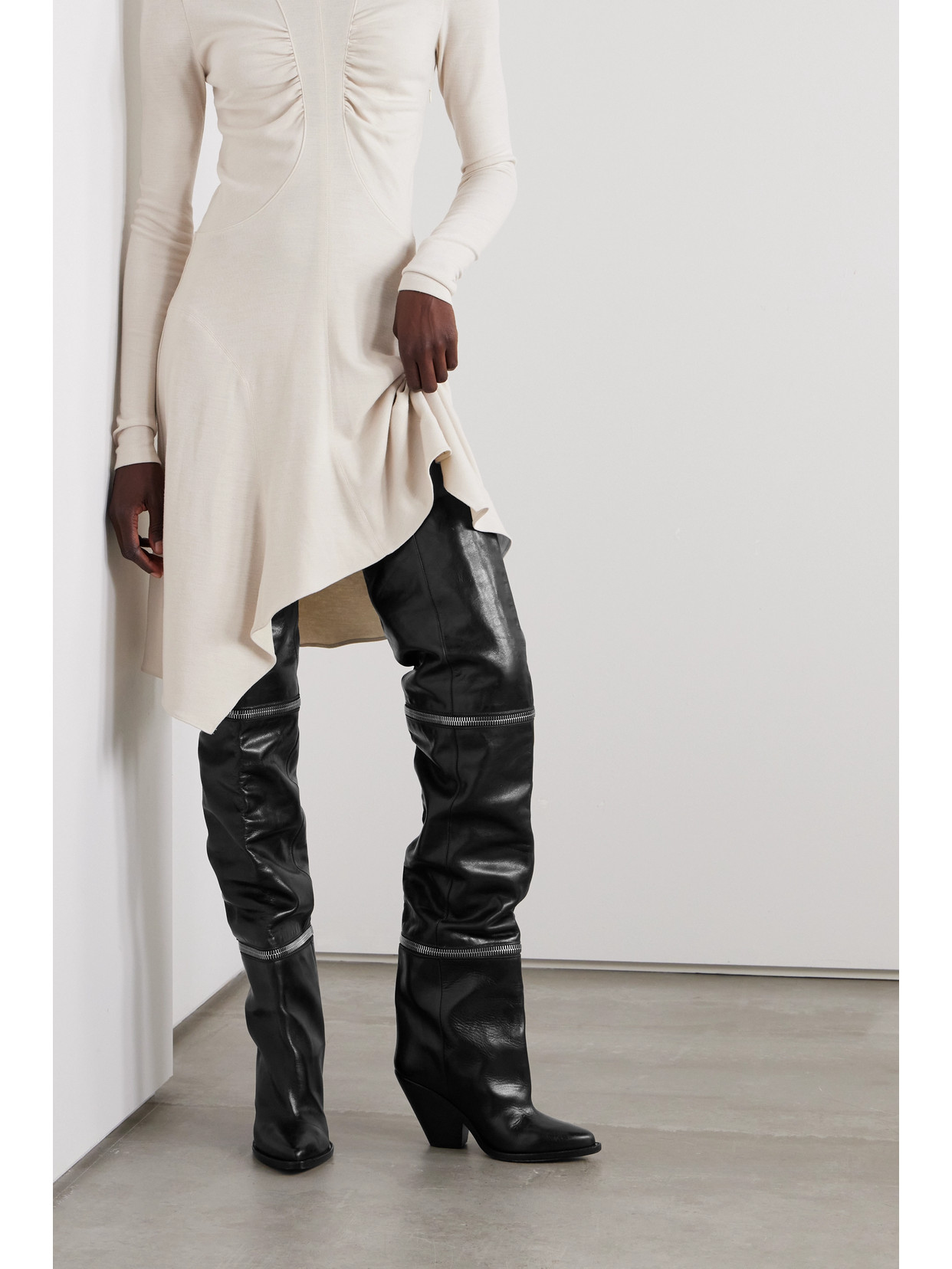 Shop Isabel Marant Lelodie Zip-embellished Leather Over-the-knee Boots In Black