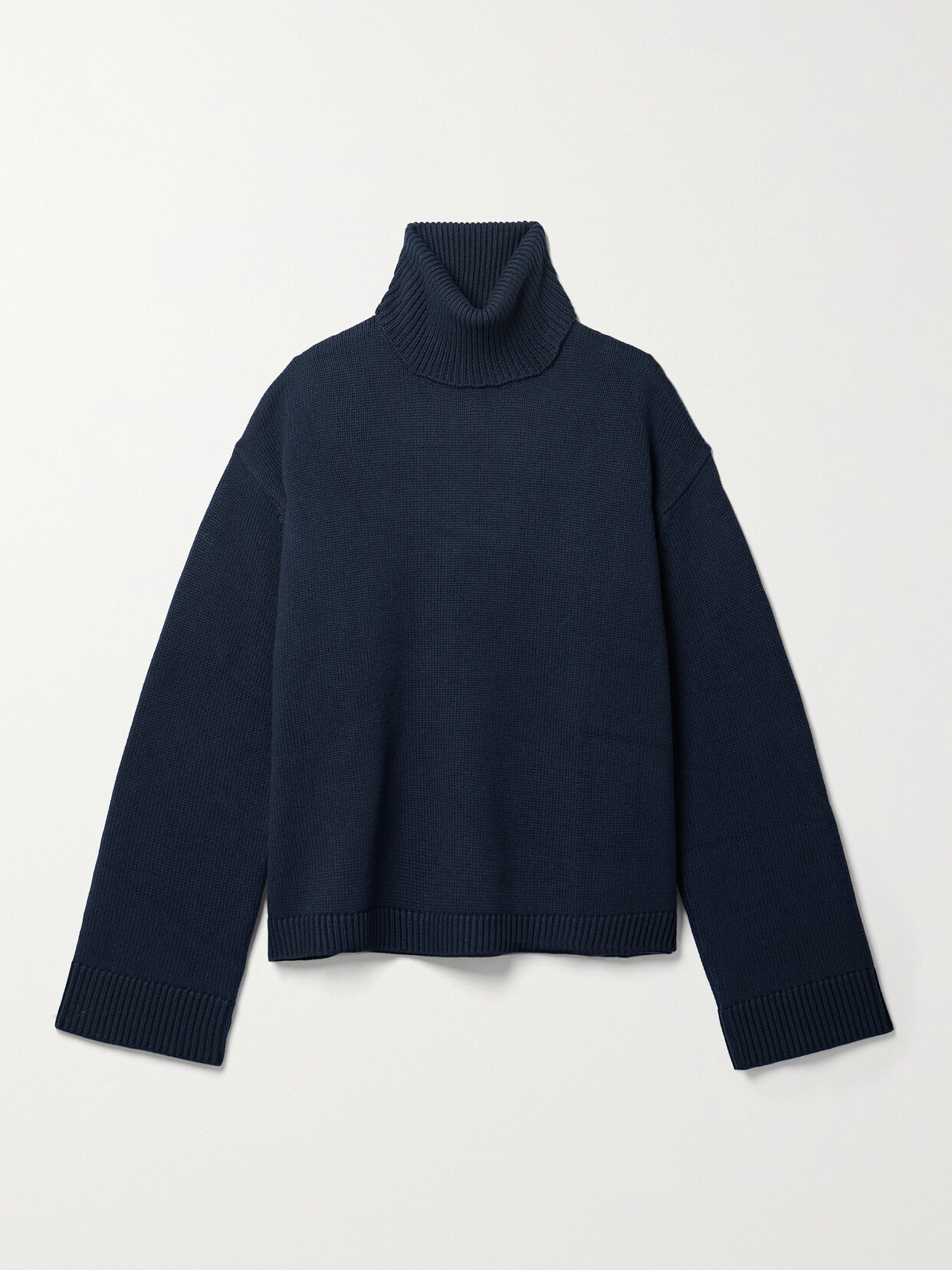 The Frankie Shop Rhea Trapeze Wool And Cotton-blend Turtleneck Jumper In Navy