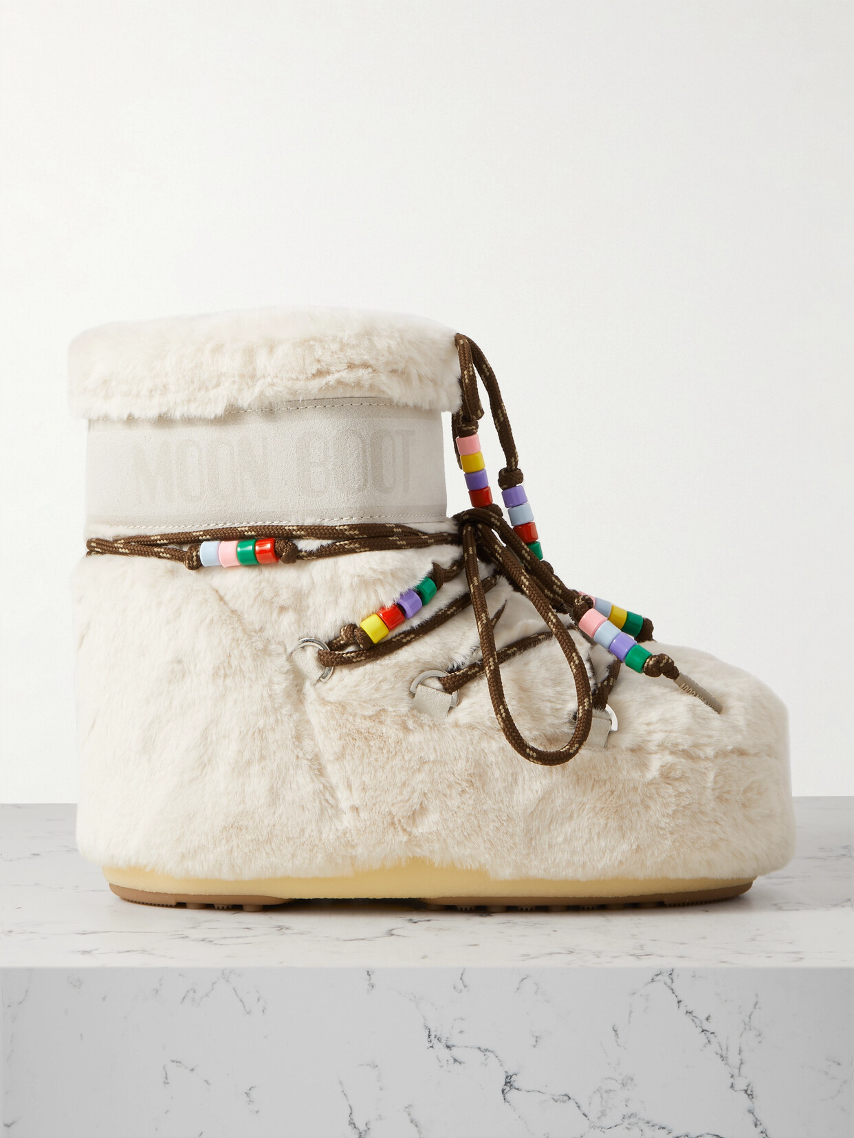 Shop Moon Boot Icon Low Embellished Faux-fur And Suede-trimmed Shell Snow Boots In Cream