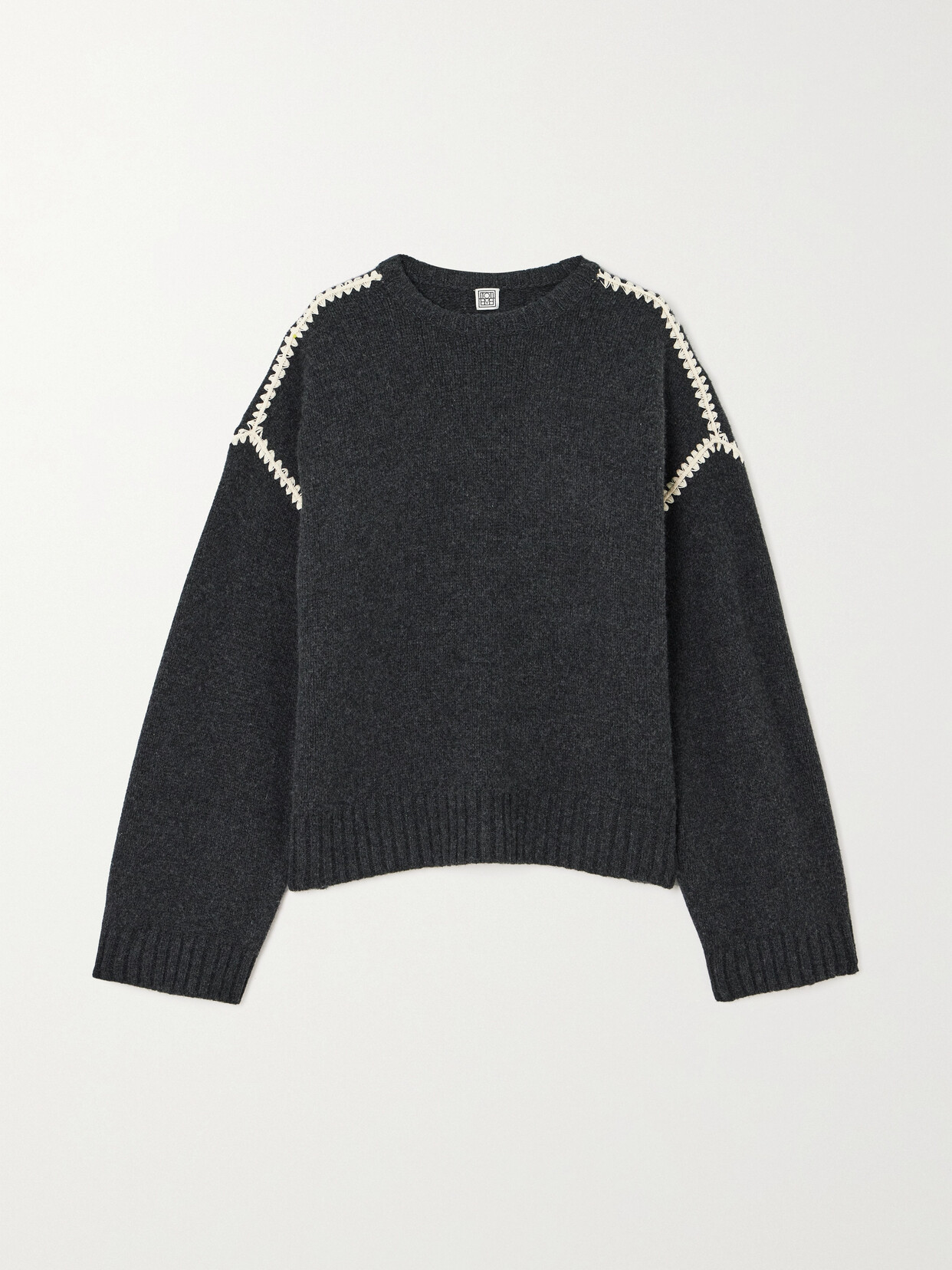 Shop Totême Oversized Embroidered Wool And Cashmere-blend Sweater In Gray