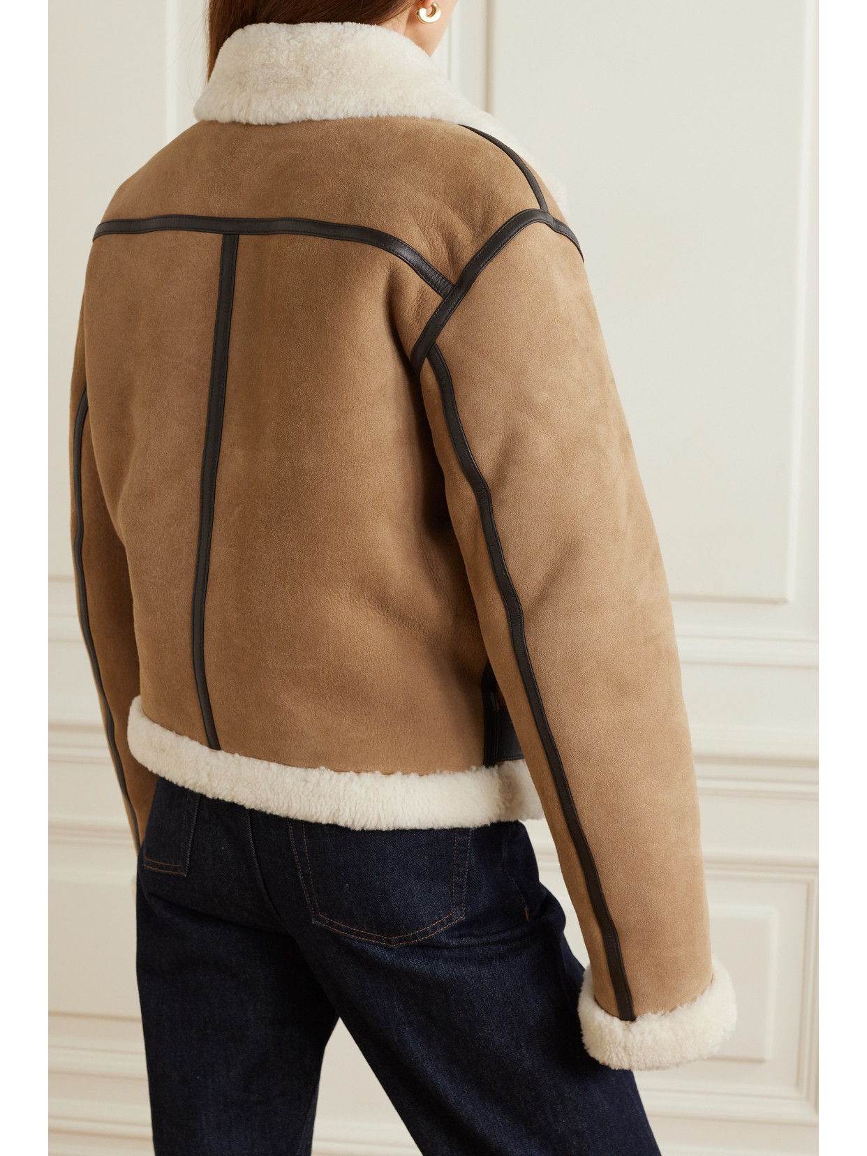 Shop Totême + Net Sustain Leather-trimmed Shearling Jacket In Brown