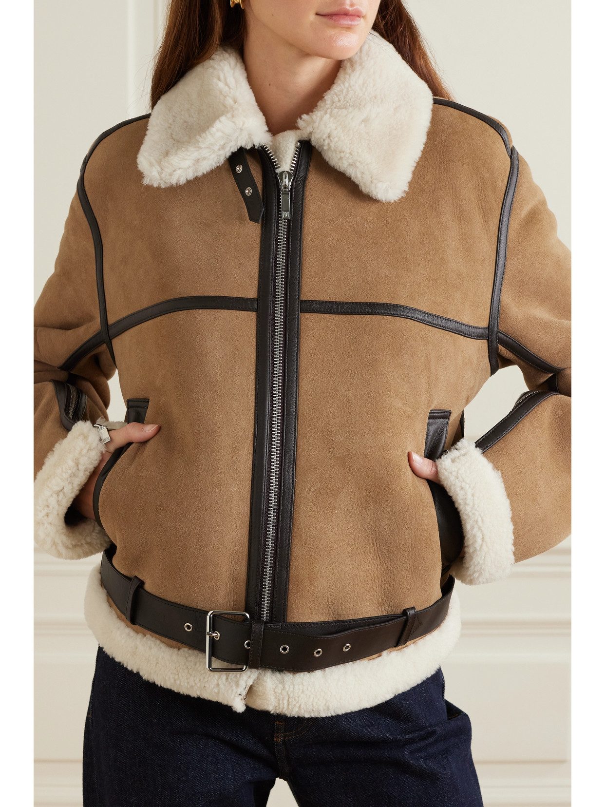 Shop Totême + Net Sustain Leather-trimmed Shearling Jacket In Brown