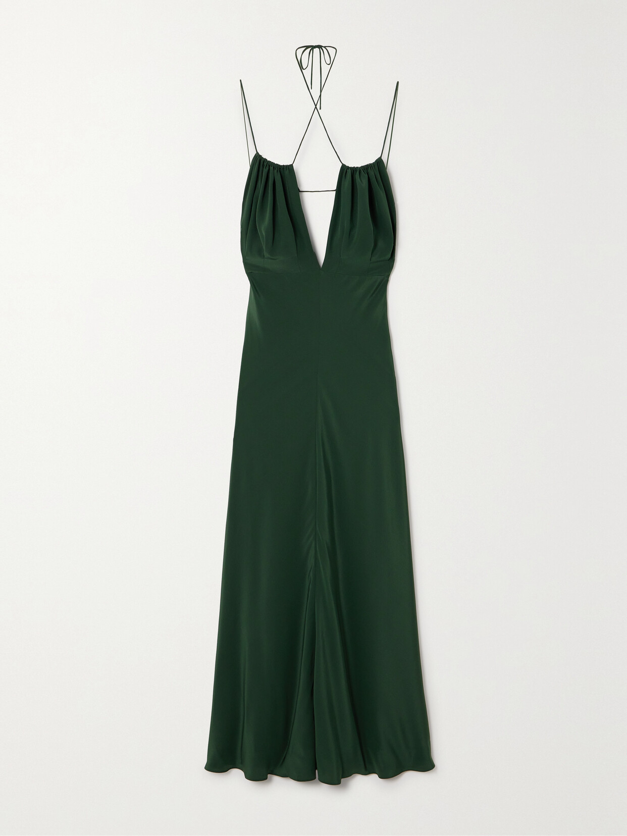 Totême Gathered Hammered Silk-satin Maxi Dress In Green