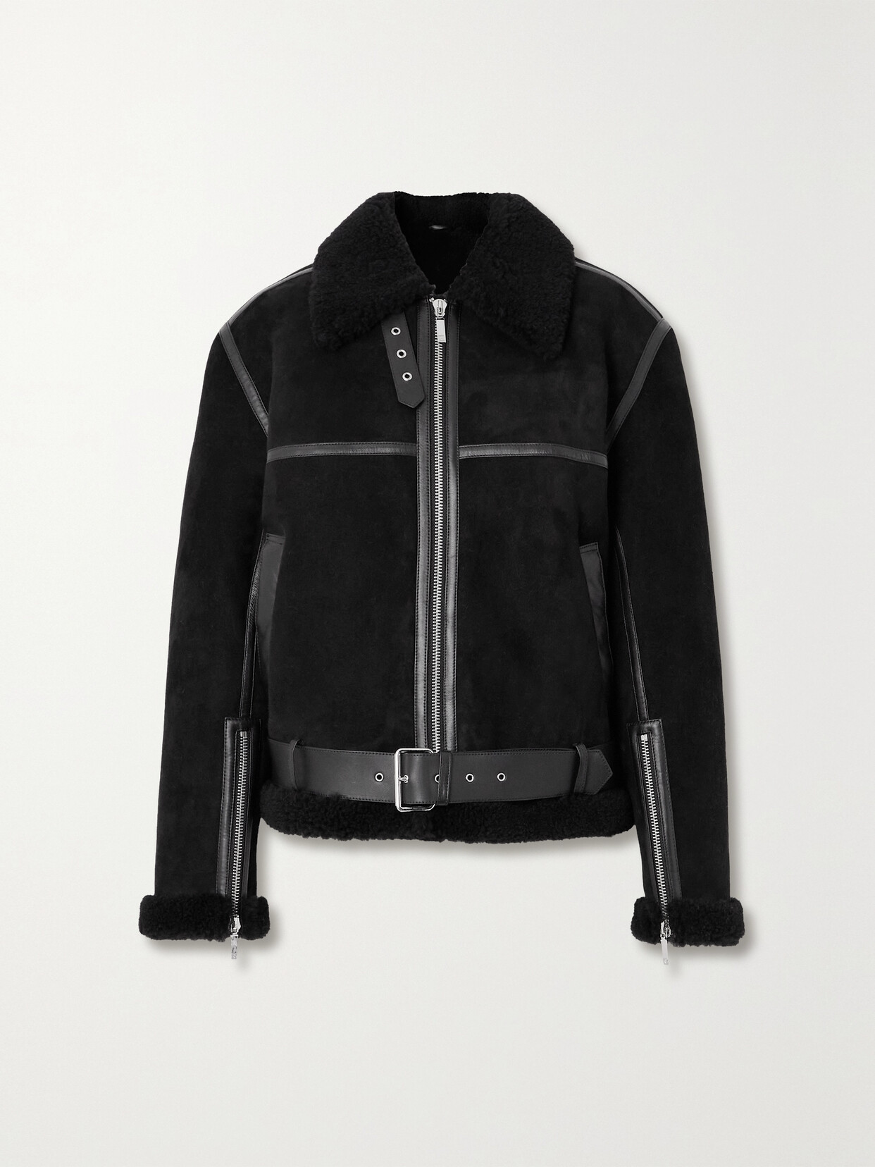 Shop Totême + Net Sustain Leather-trimmed Shearling Jacket In Black