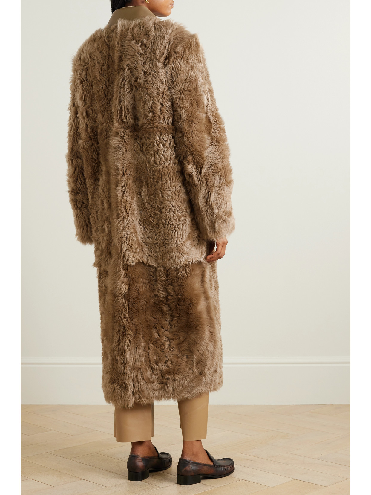 Shop Totême + Net Sustain Leather-trimmed Shearling Coat In Neutrals