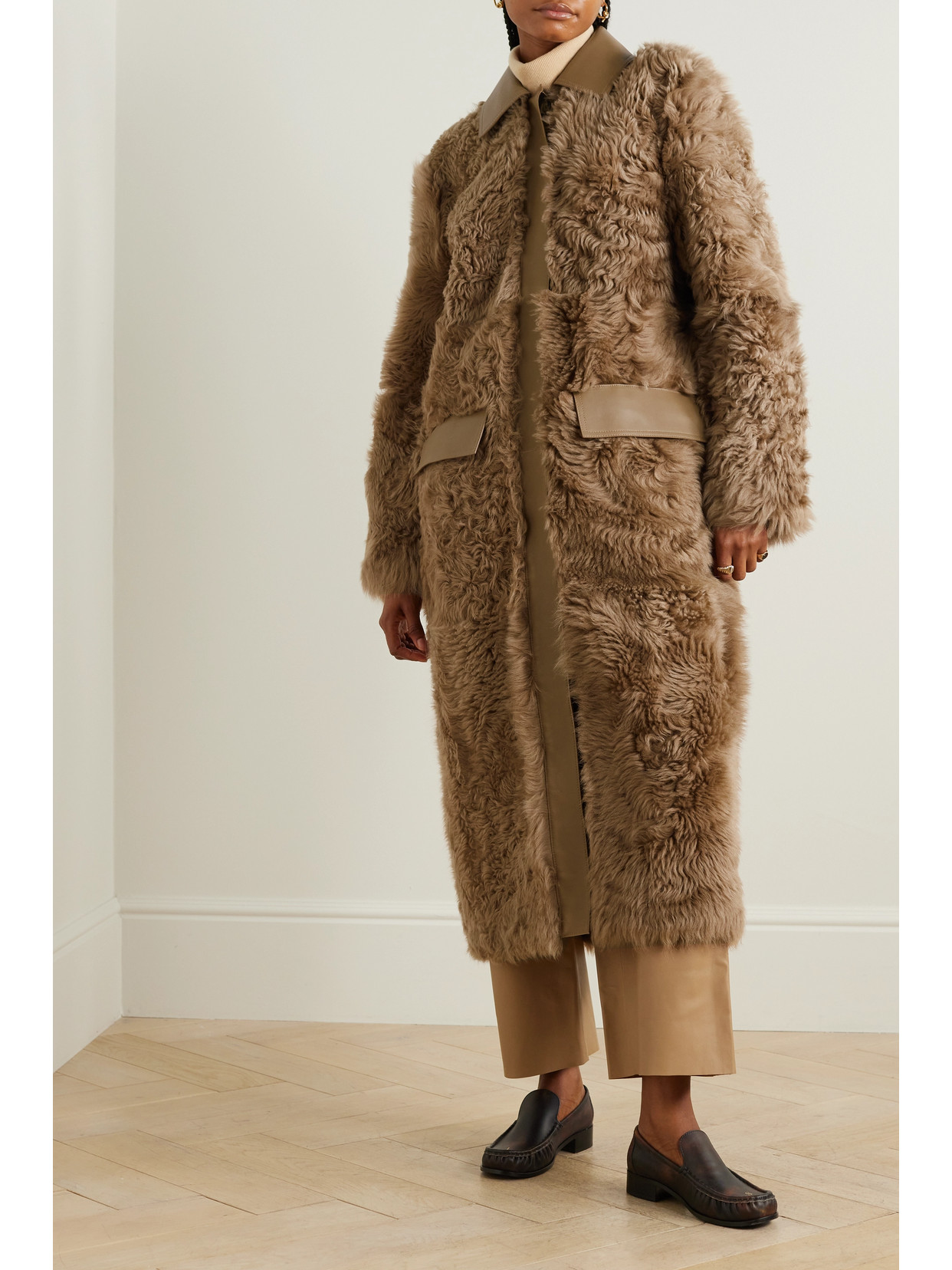 Shop Totême + Net Sustain Leather-trimmed Shearling Coat In Neutrals