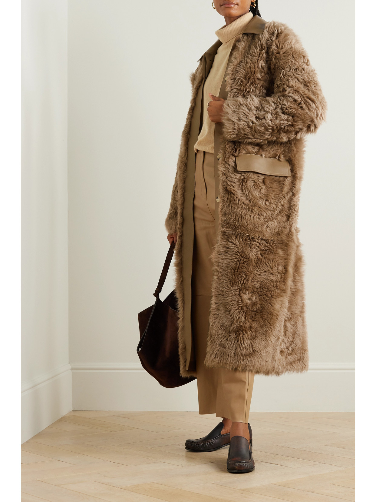 Shop Totême + Net Sustain Leather-trimmed Shearling Coat In Neutrals