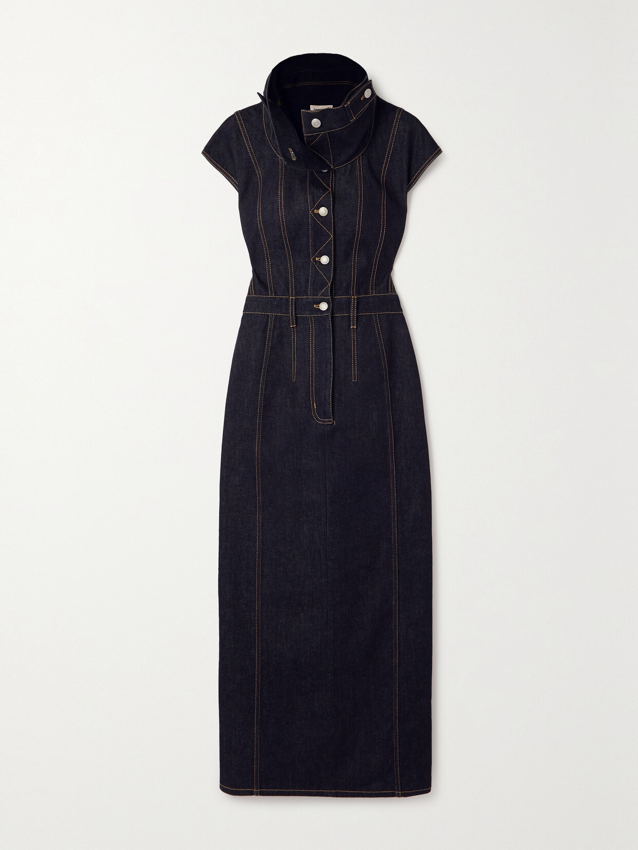 Alexander Mcqueen Topstitched Denim Midi Dress In Black