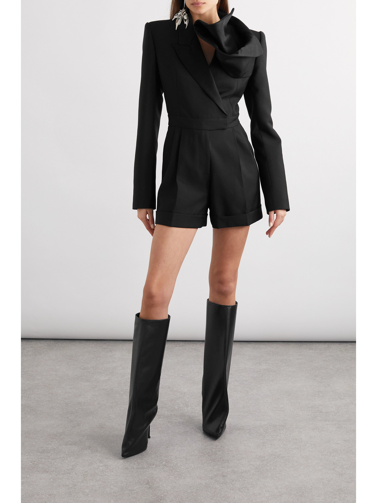 Shop Alexander Mcqueen Appliquéd Satin-trimmed Wool Playsuit In Black