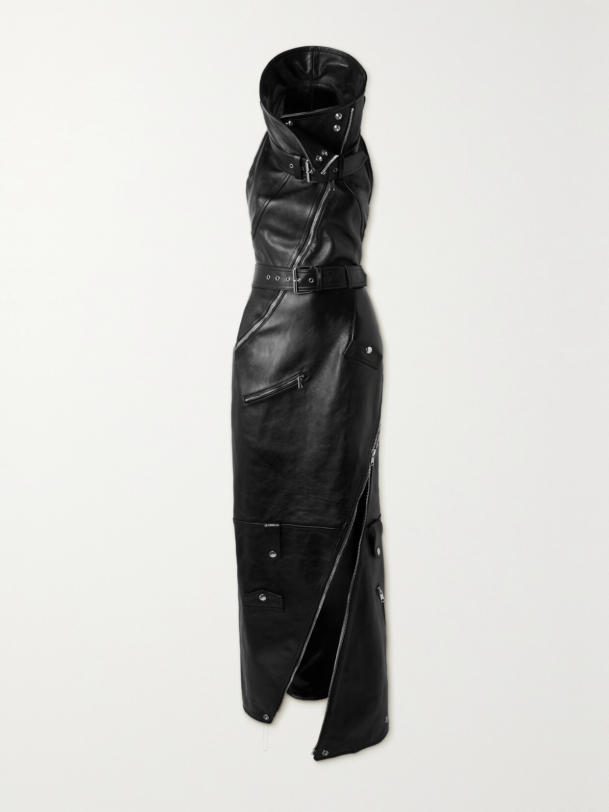 Alexander McQueen - Asymmetric Embellished Leather Halterneck Maxi Dress - Black