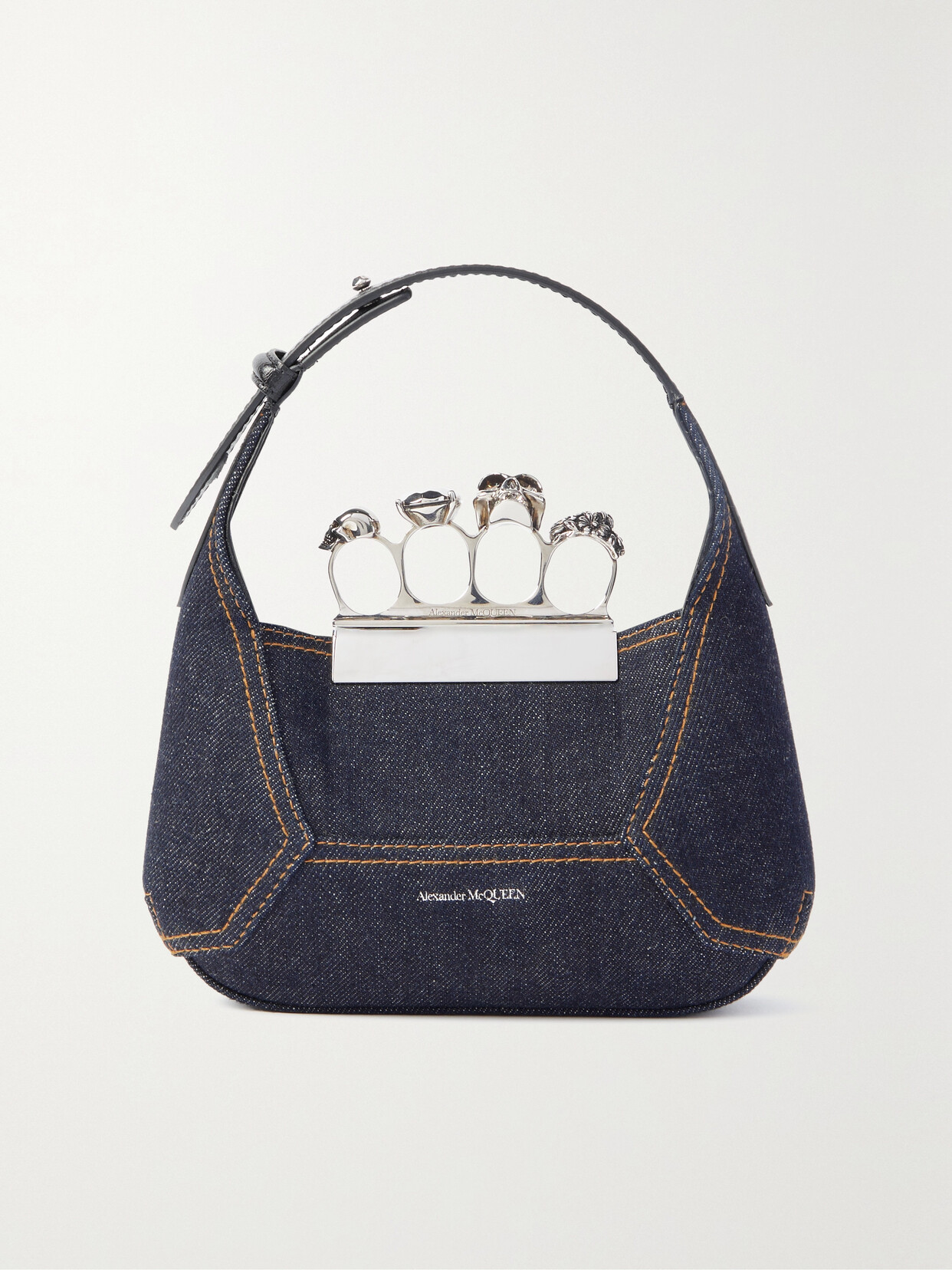 Shop Alexander Mcqueen Jewelled Embellished Leather-trimmed Denim Tote In Blue