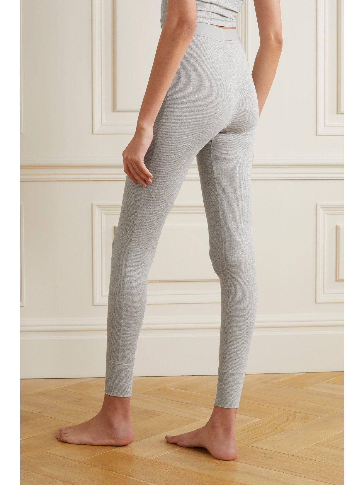 Shop Skims Cotton Collection Ribbed Cotton-blend Jersey Leggings In Gray