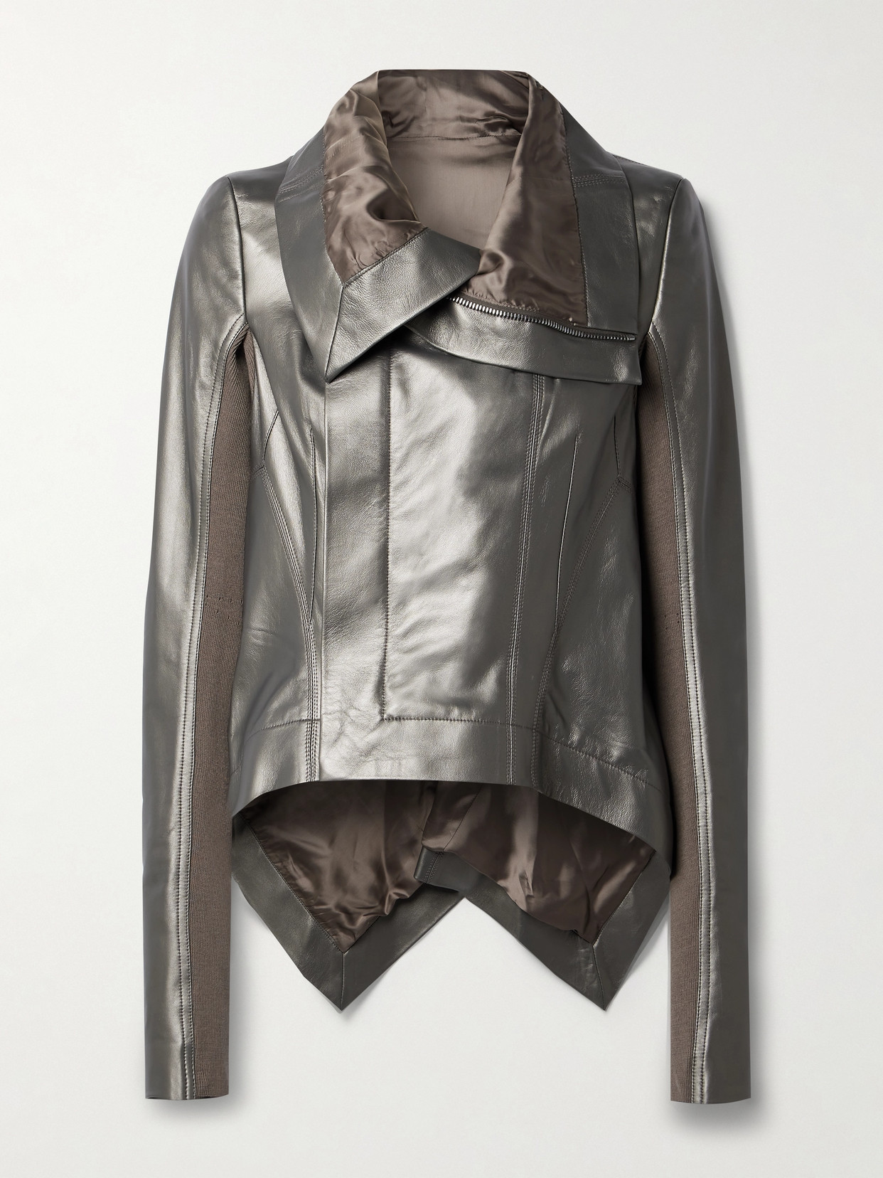 Shop Rick Owens Naska Asymmetric Metallic Leather And Wool Biker Jacket