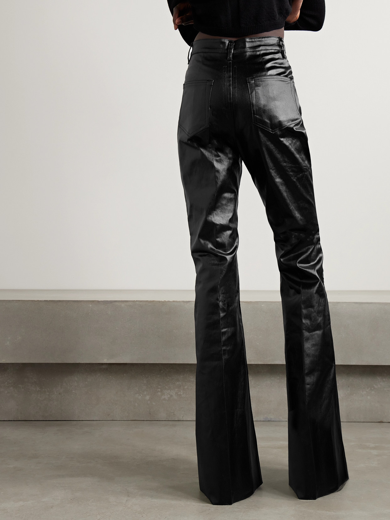 Shop Rick Owens Bolan Coated Cotton-blend Twill Flared Pants In Black