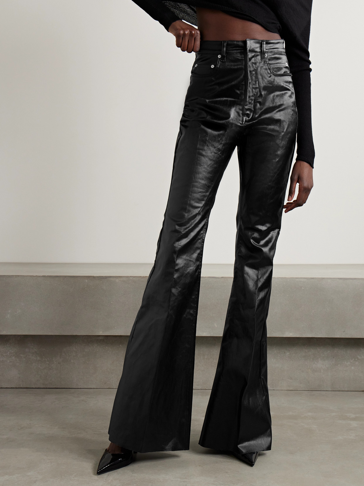 Shop Rick Owens Bolan Coated Cotton-blend Twill Flared Pants In Black