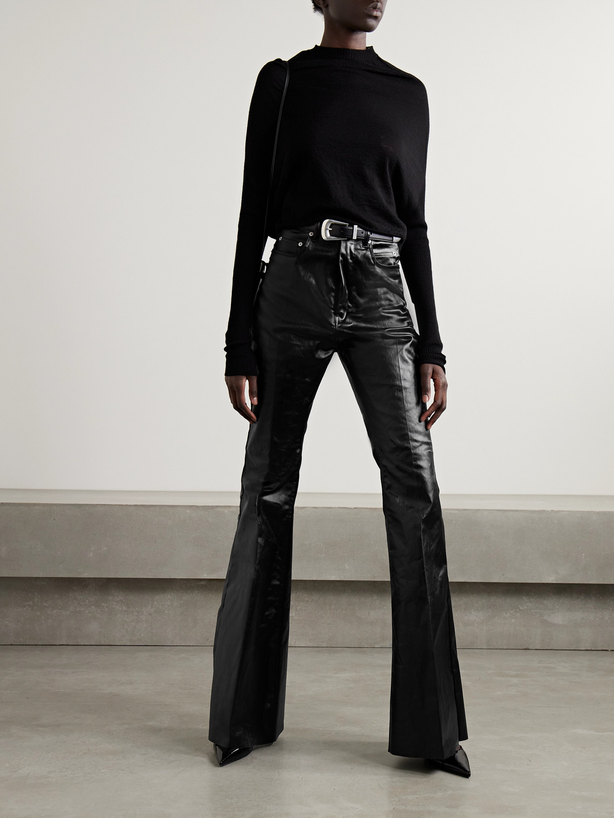 Shop Rick Owens Bolan Coated Cotton-blend Twill Flared Pants In Black