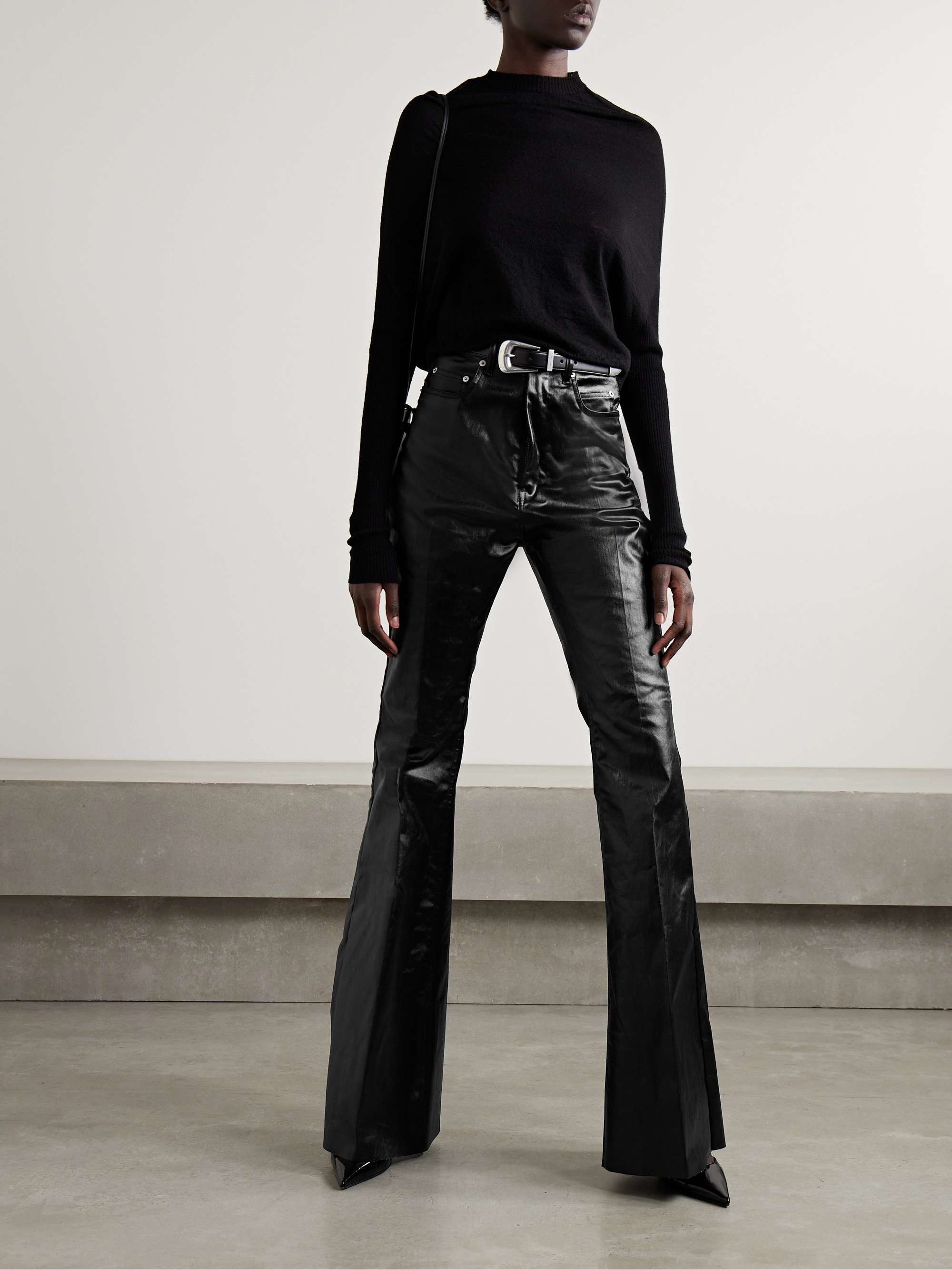 RICK OWENS Bolan coated cotton-blend twill flared pants