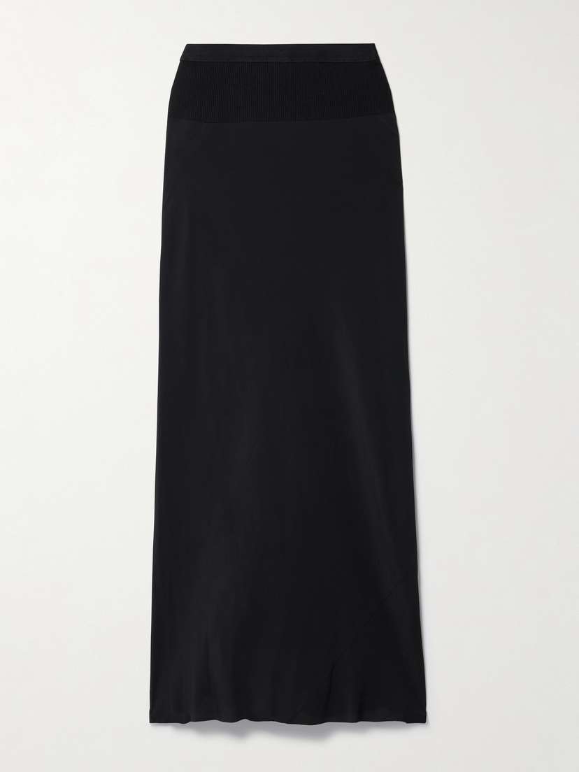 Rick Owens Ribbed Knit-paneled Crepe De Chine Midi Skirt